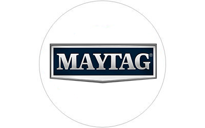 Maytag Brand logo in a white circle with thin grey outline